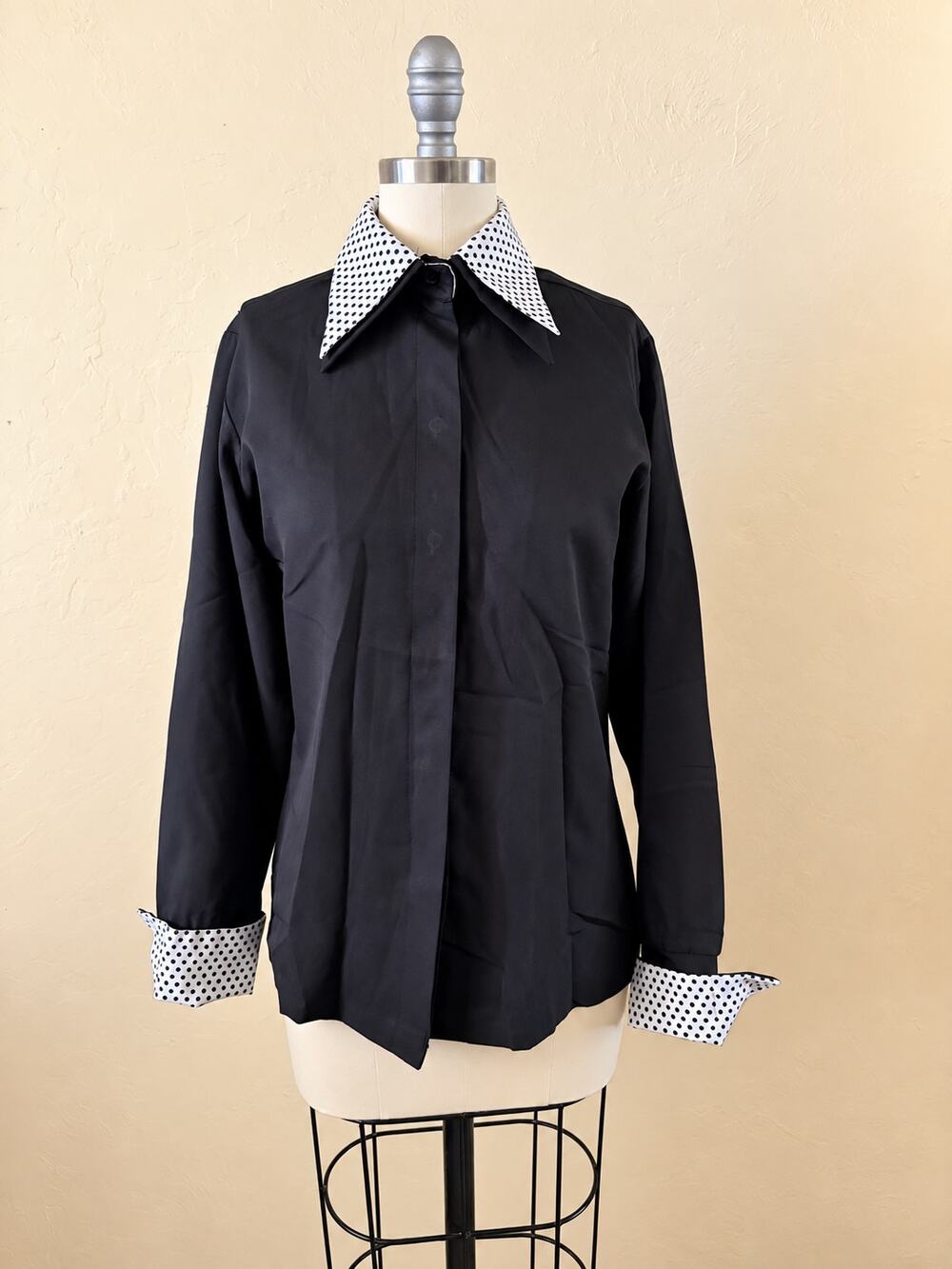 Vintage 1970s Lady Arrow Blouse S M Black Polka Dot Dagger Collar Mod Disco